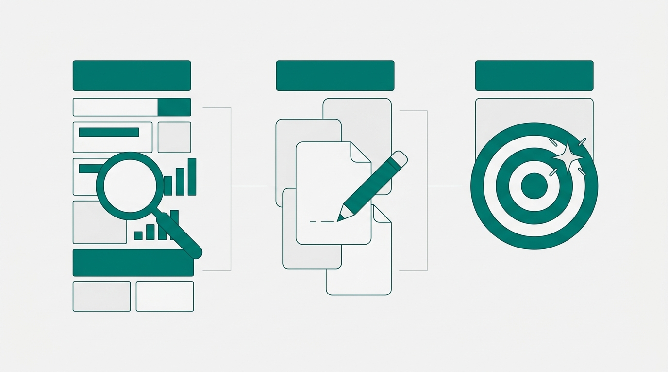 Three parallel columns representing SERP research, editorial review, and AI search optimization as connected workflow stages