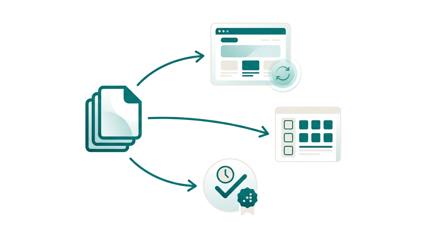a clean dashboard view showing a pricing facts document connected by arrows to a live pricing page, a structured data preview panel, and a publish confirmation with a timestamp and citation count badge