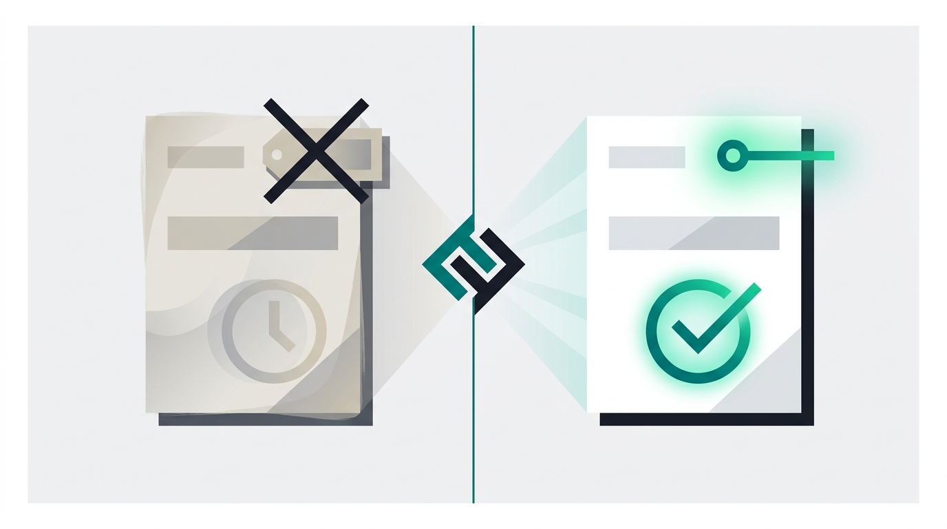 Split-screen editorial illustration contrasting an outdated, faded pricing document with a verified, current pricing document featuring citation and timestamp badges.