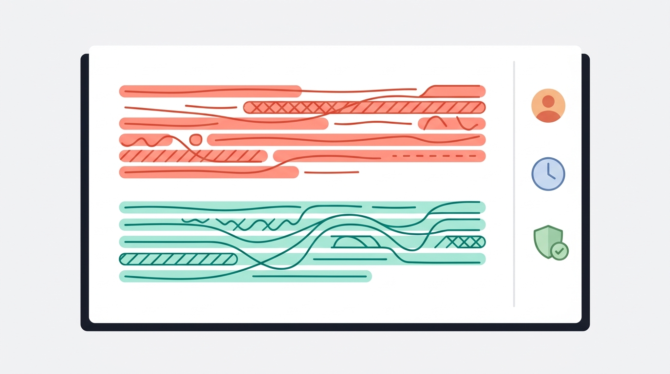 A document panel styled as a git diff view with coral-red and teal highlighted rows indicating removed and added pricing content, with an approval badge in the margin.