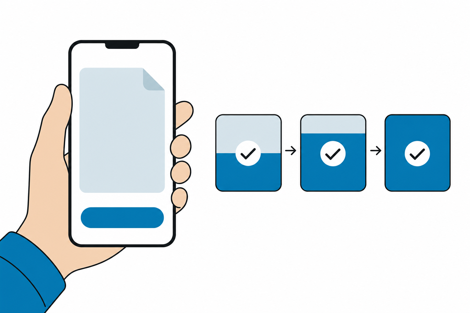 A phone showing an invoice with a pay button next to a row of tiles that change from a partial deposit to fully paid with a check mark.