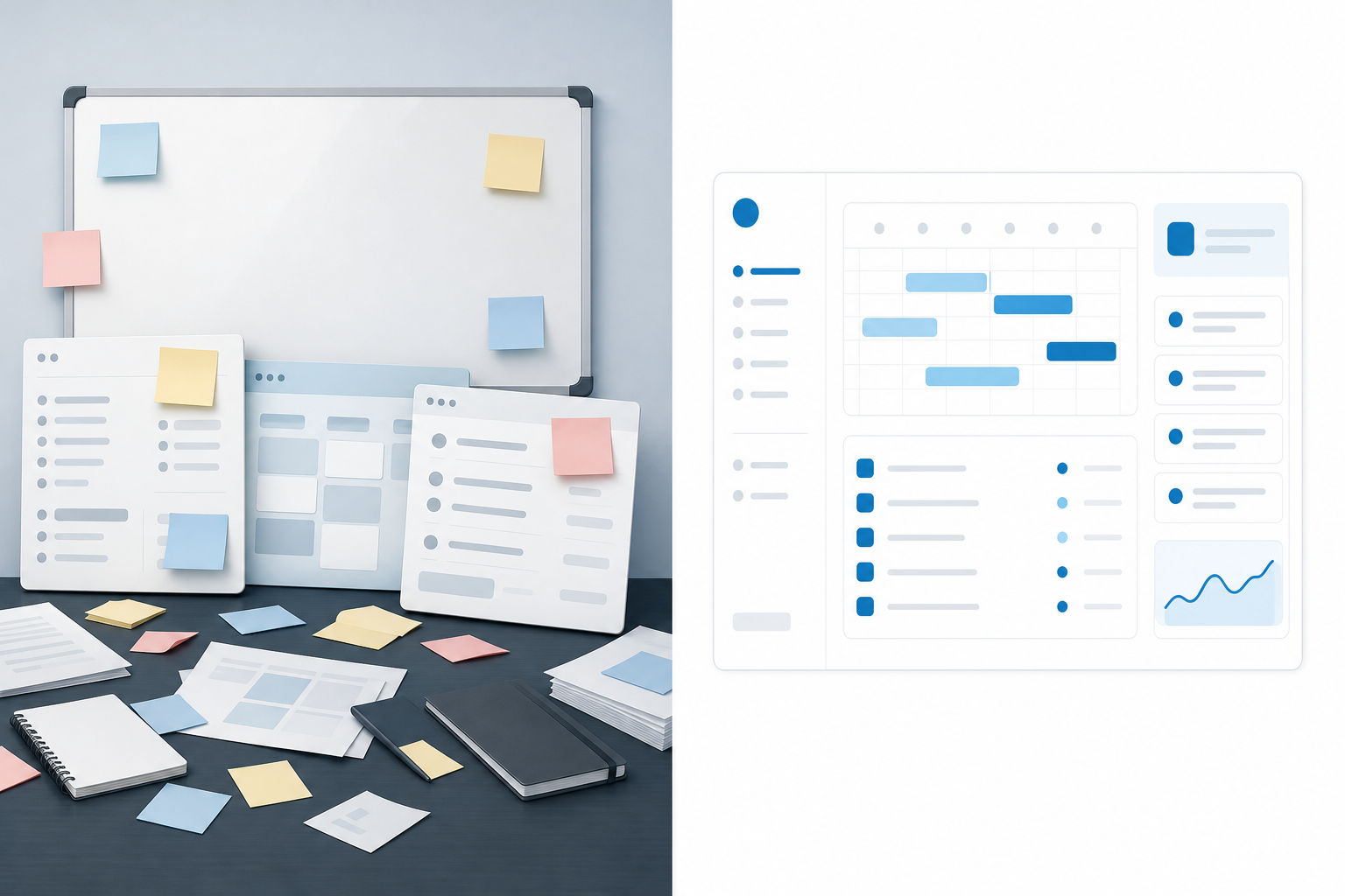 A split comparison showing a cluttered desk with a whiteboard and sticky notes on the left and a single organized dashboard with a calendar, customer list and invoice status on the right.