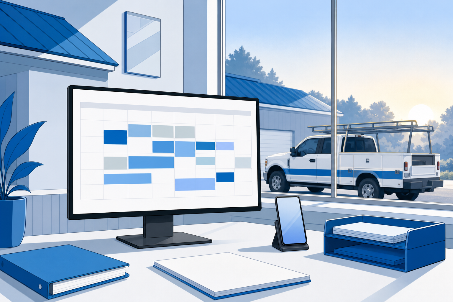 A roofing company office in the early morning with a monitor showing a color-coded job calendar, a phone on the desk and a crew truck outside the window.