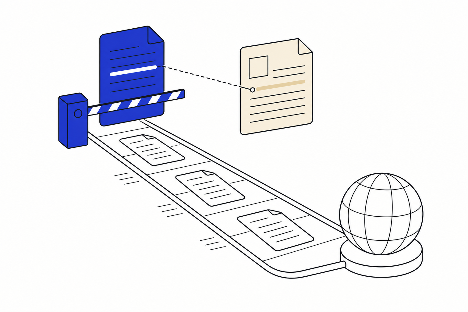 A draft document paused at a review gate beside its source page while cleared documents travel along a track to a website.