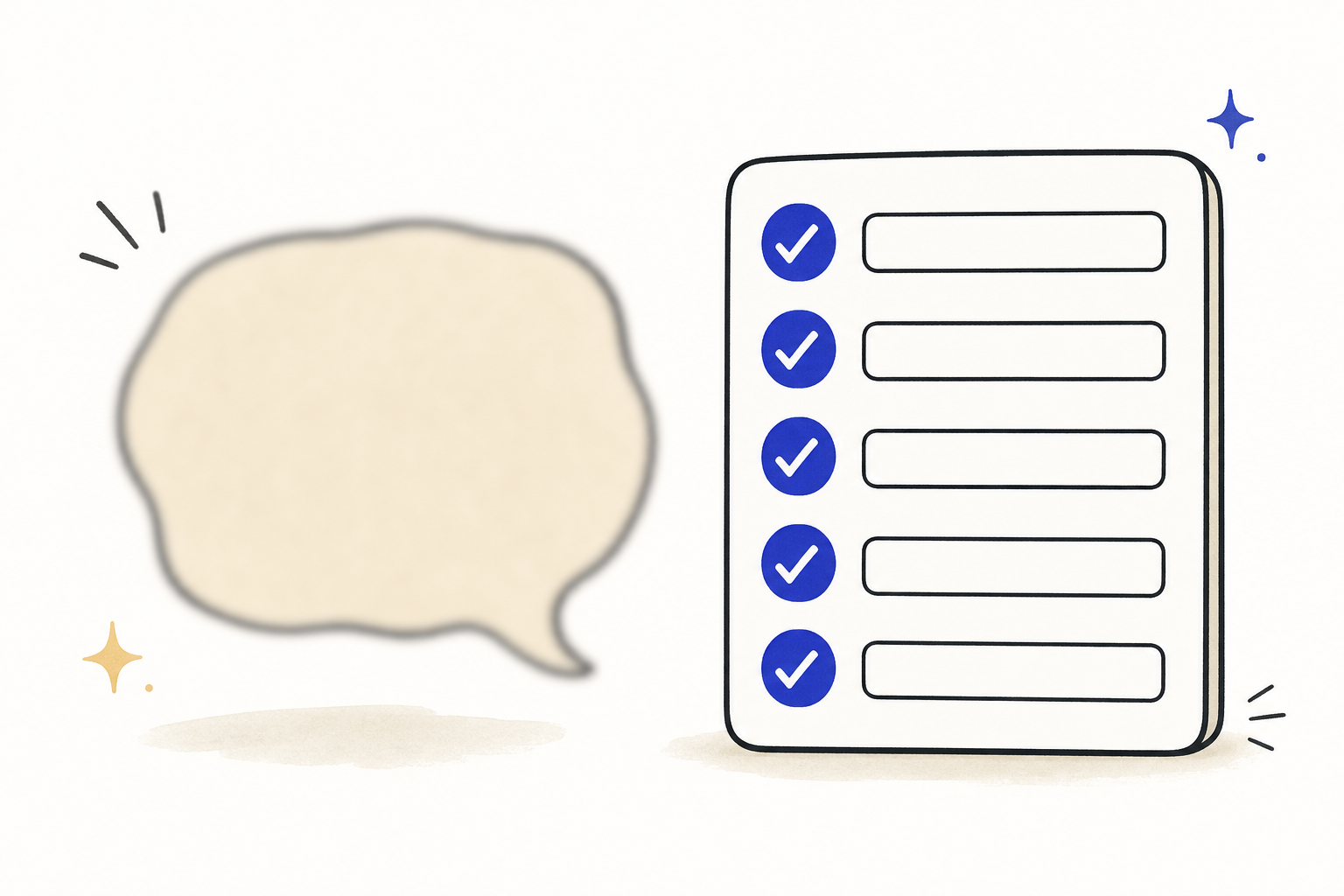 A vague speech bubble on the left contrasts with a sharp card of five checked rule rows on the right.