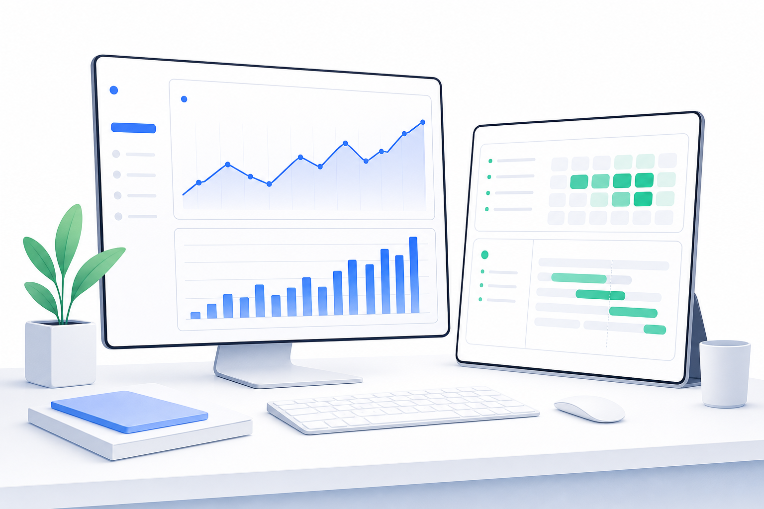 Two abstract desk screens, one with rising search charts and one with side-by-side highlighted page blocks, representing SEO data versus competitor wording changes.