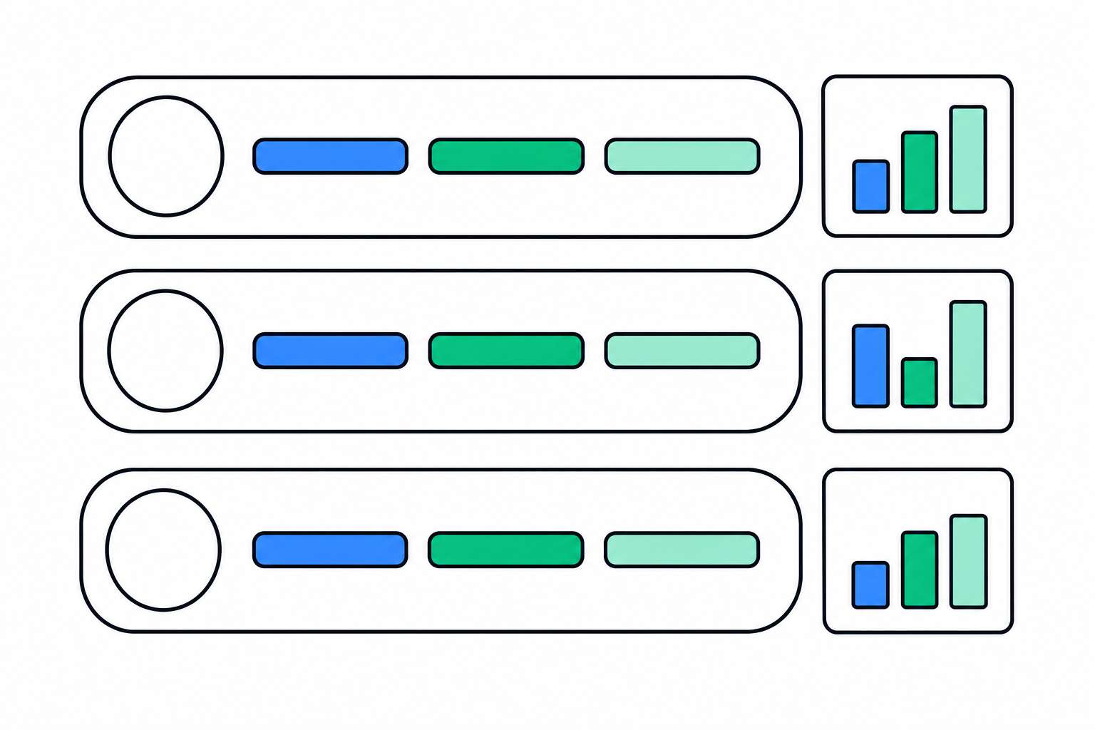 Three structured brief rows with placeholder circles and colored segments beside a small bar chart, representing a weekly competitor summary next to an SEO report.