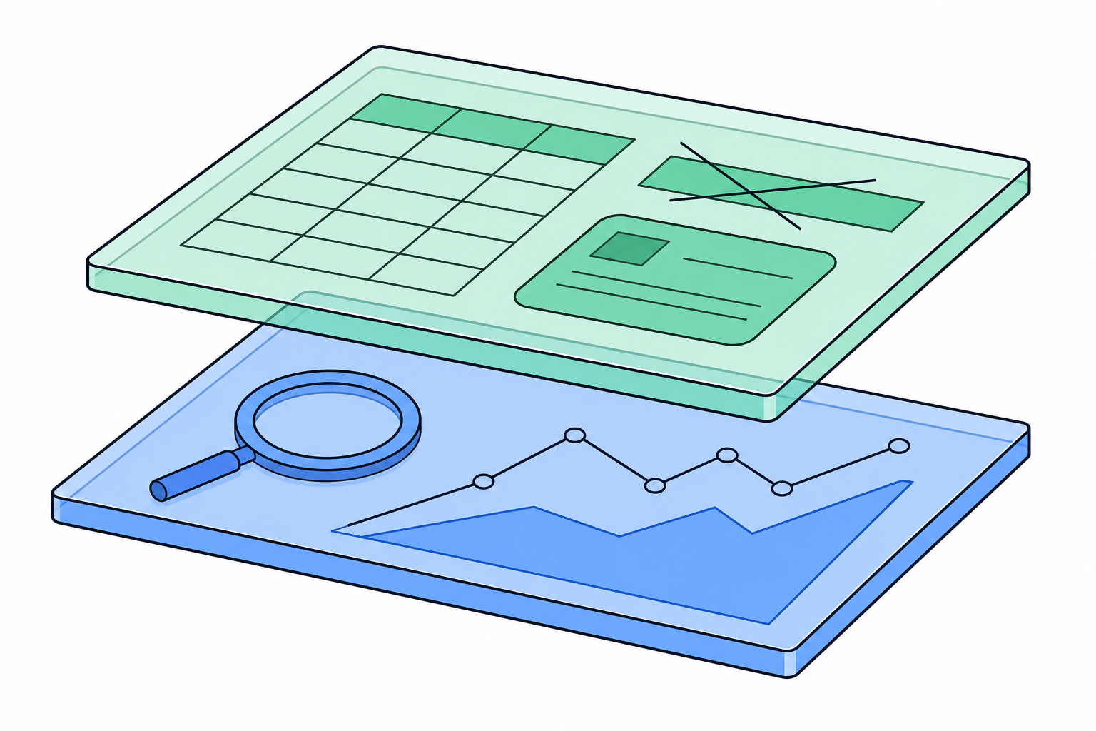 Two stacked glass panels, the lower one holding search-related shapes and the upper one holding pricing, headline and card shapes, showing two layers of competitor intelligence.