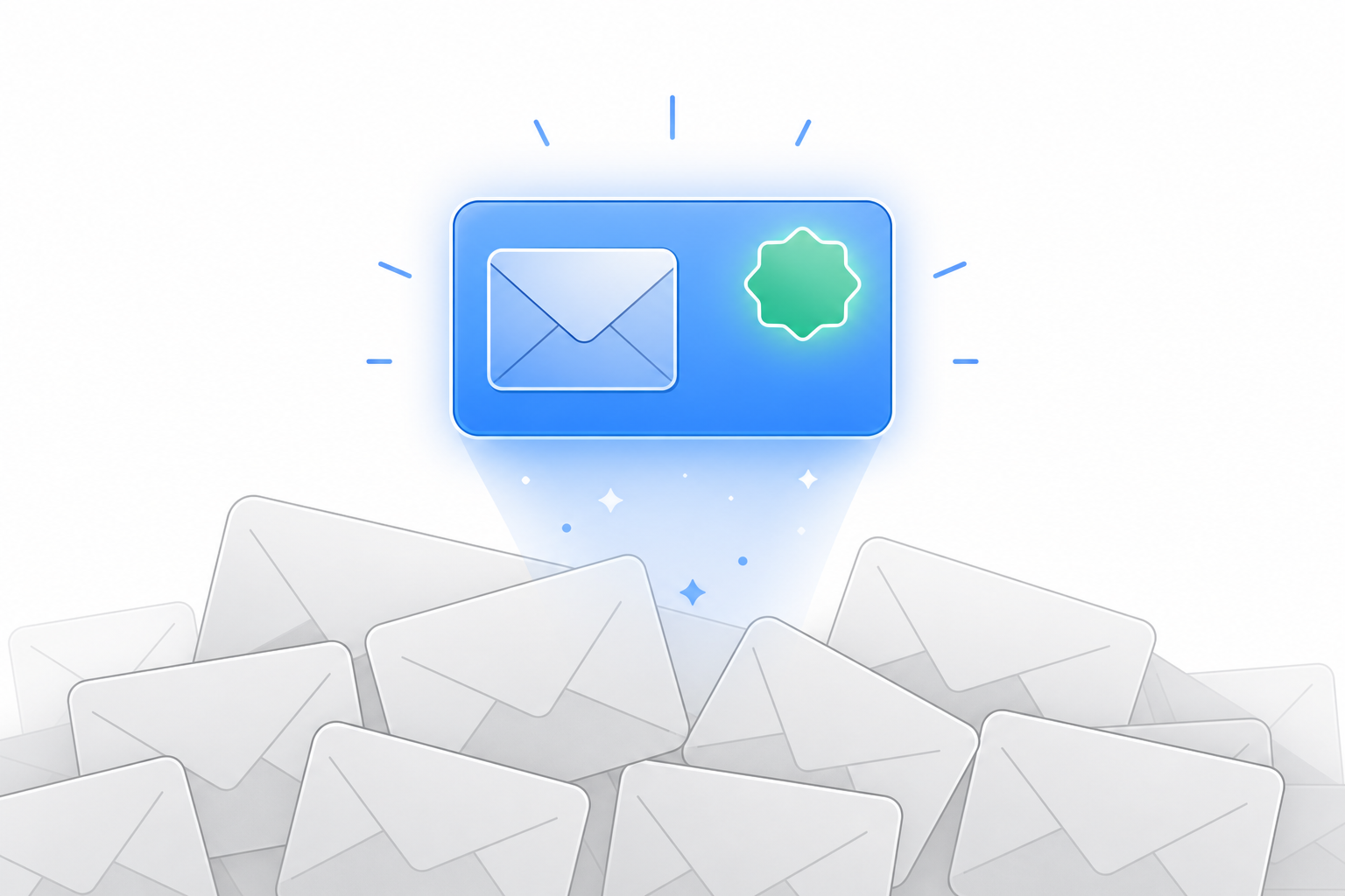 A single bright alert card stands out above a faded pile of muted email envelopes, representing one real competitor move among noise.