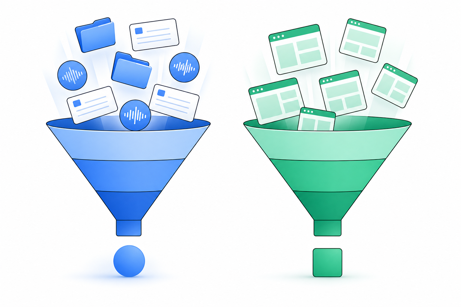 Two funnels side by side, one collecting internal CRM, call and interview data and the other collecting public competitor web pages.