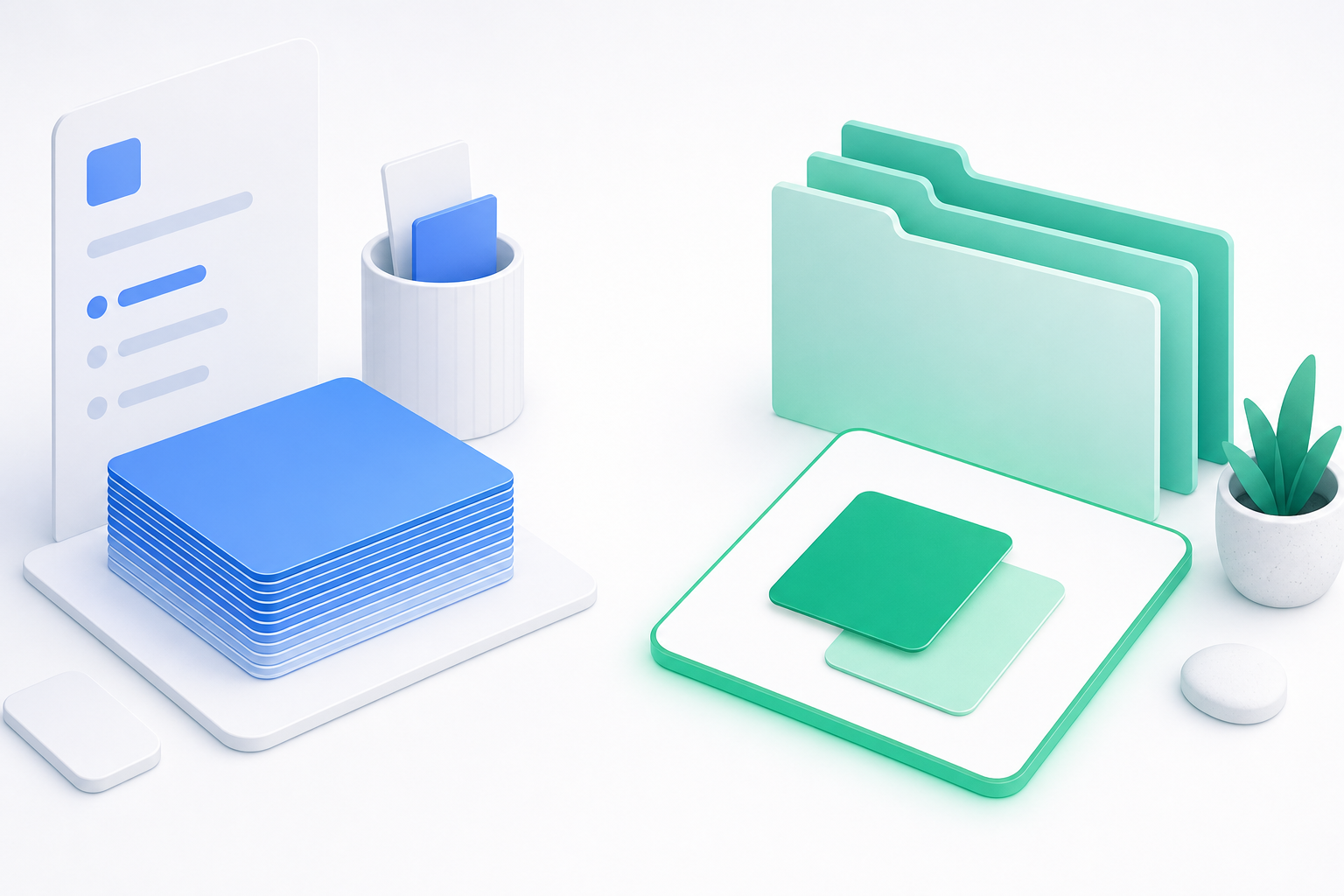 Split desk scene contrasting a sales enablement setup on the left with a multi-brand workspace and a highlighted pricing-change card on the right.
