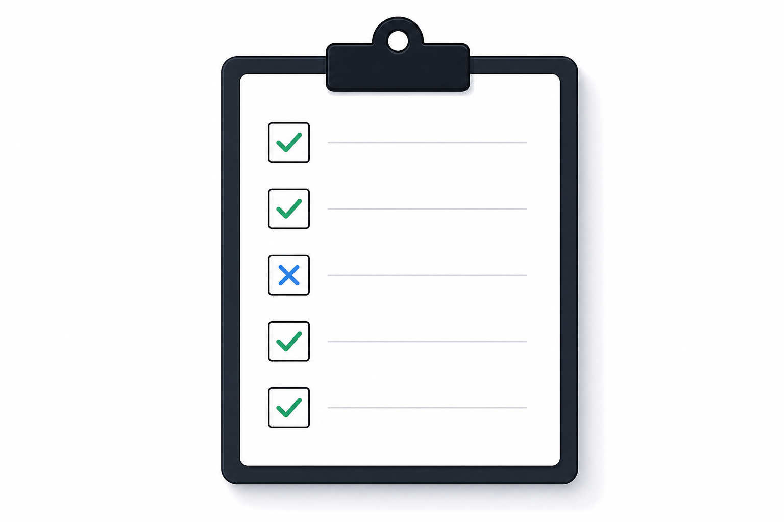 A clipboard scorecard with five rows of checkboxes, some passed and one failed, representing a vendor pilot evaluation.