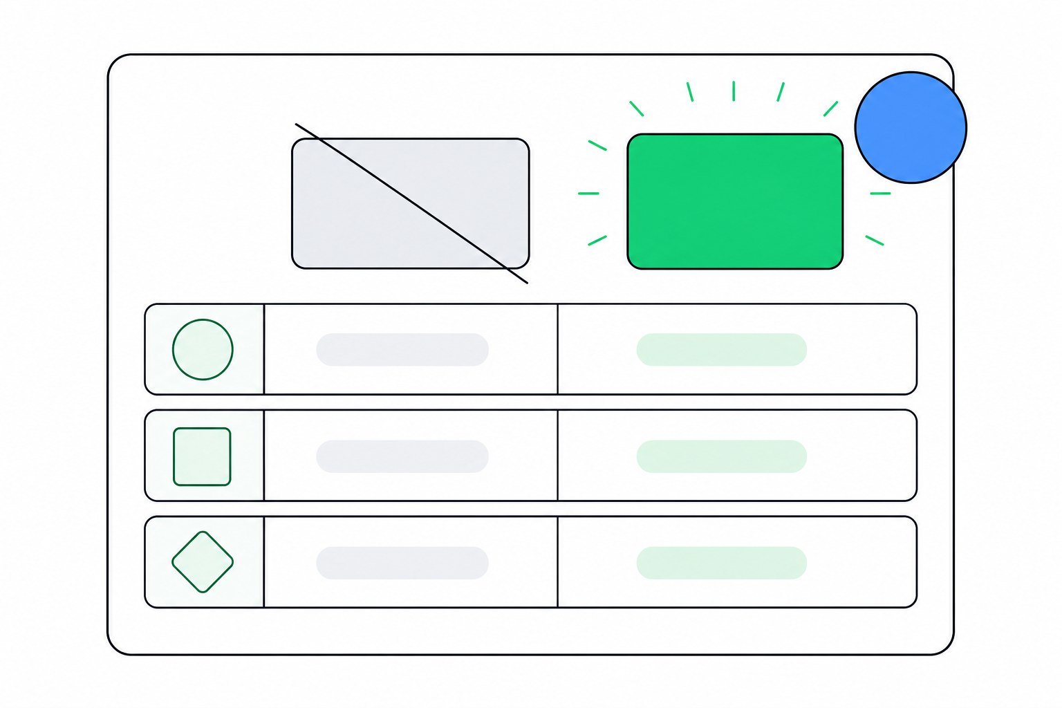 A card showing an abstract pricing table with an old value crossed out, a highlighted new value, a round score badge and three stacked rows.