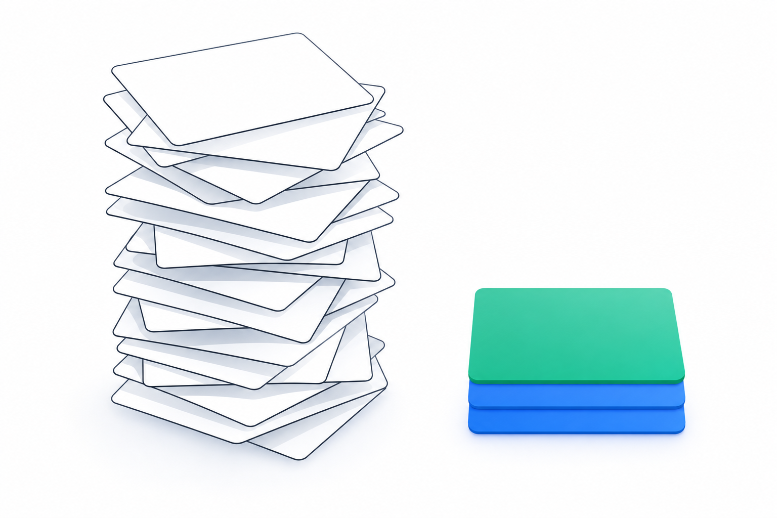 A tall messy stack of notification cards beside a short, tidy stack of highlighted cards, contrasting noise with signal.