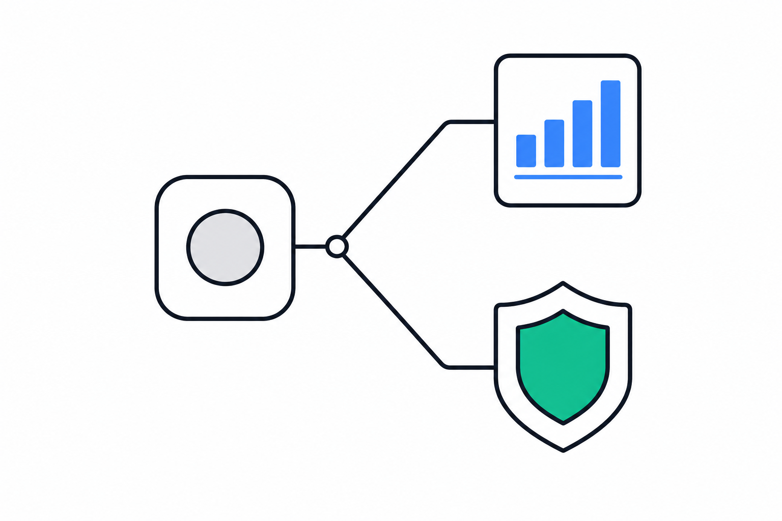 A simple flowchart with one starting node that branches into a report icon and a battle card icon.