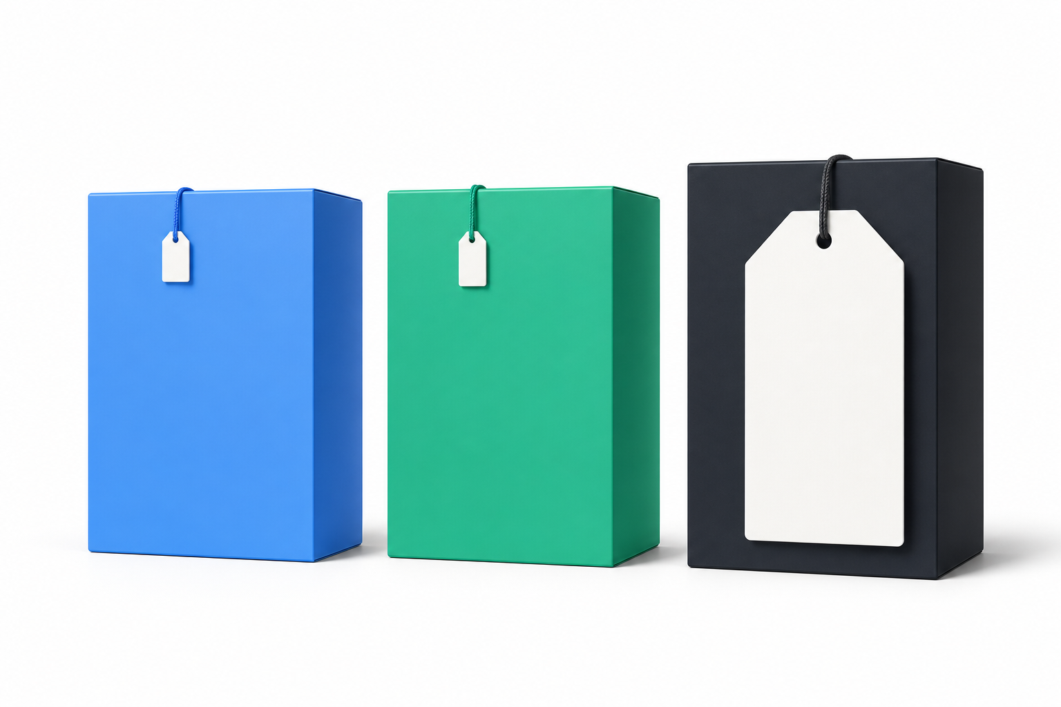 Three plain product boxes side by side, each with a hanging price tag, where one tag is far larger than the other two.